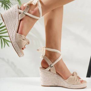 NIB Knot Decor Faux Suede Strappy Wedge Sandals